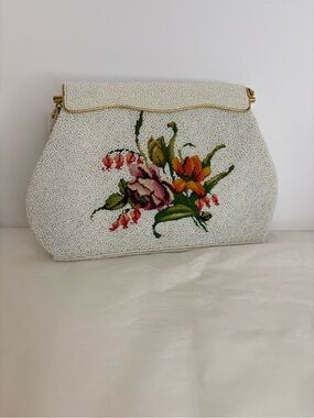 Vintage Glass Beaded Clutch Bag in White with needlepoint floral 1950-60’s